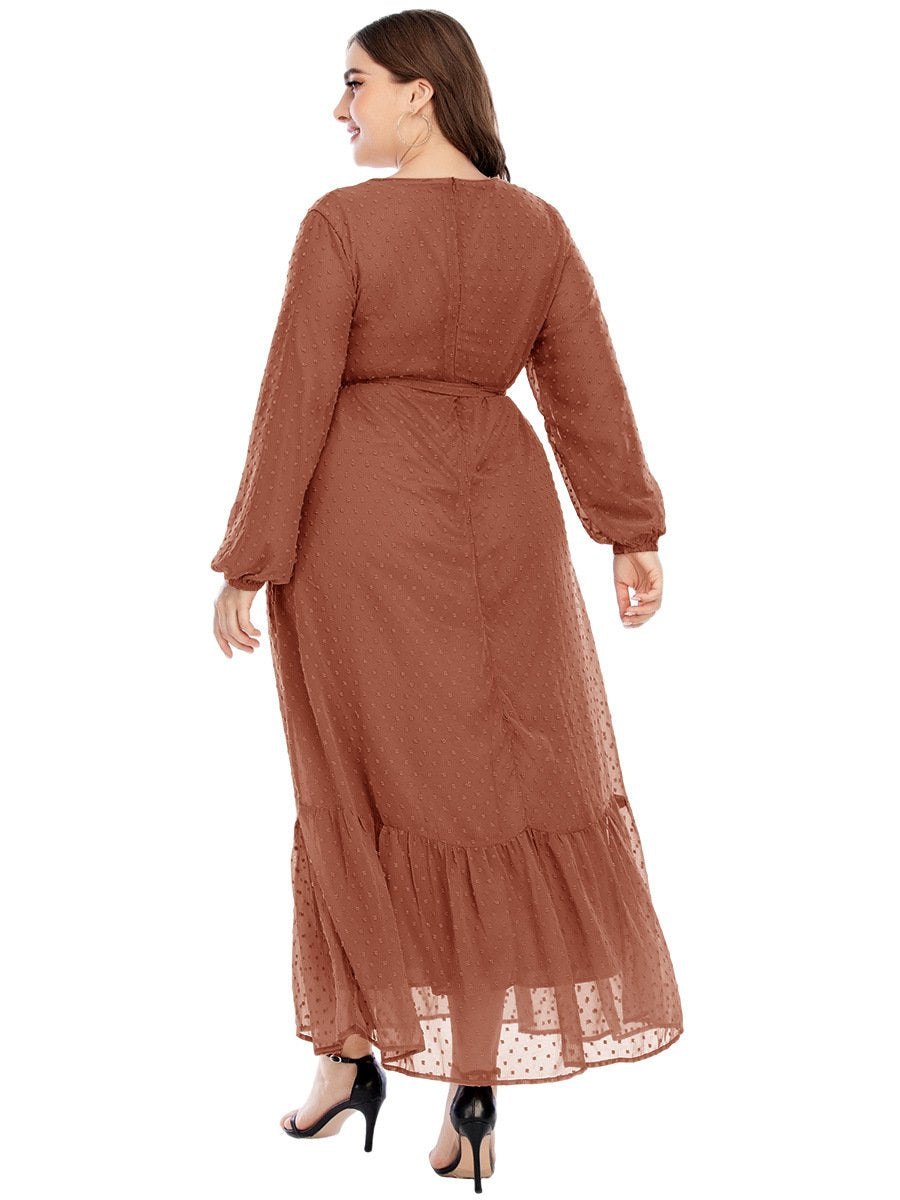 Dot Mesh Belt Round Neck Maxi Dress