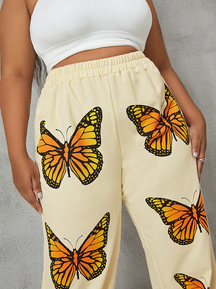 Butterfly Printing Elastic Waist Regular Pants
