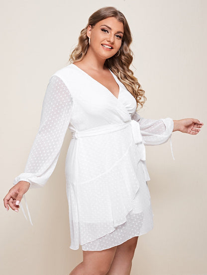 Swiss Dot Knot Cuff Belted Wrap Dress