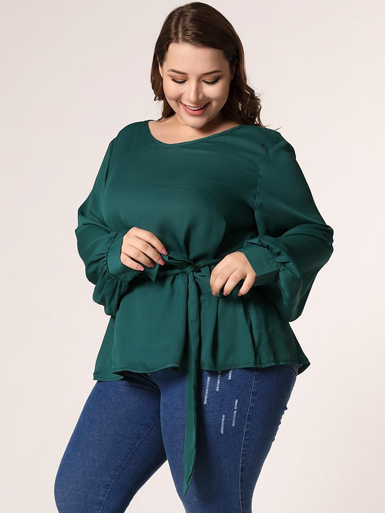 Lantern Sleeve Belt Solid Color Blouse