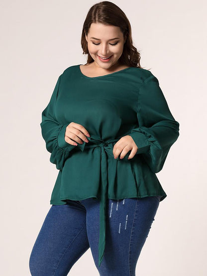 Lantern Sleeve Belt Solid Color Blouse