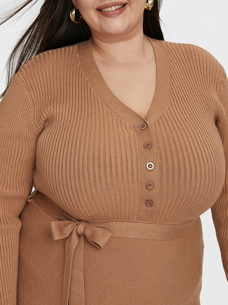 Belted Half Button Fishtail Sweater Dress
