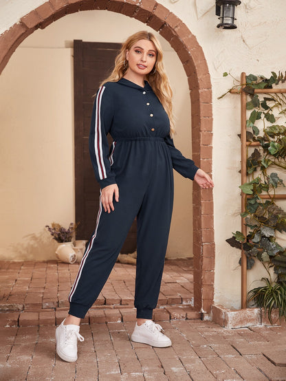 Buttoned Front Striped Tape Side Hooded Jumpsuit