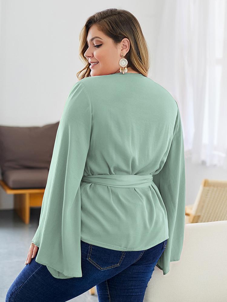 Flared Sleeves Belt V-neck Blouse