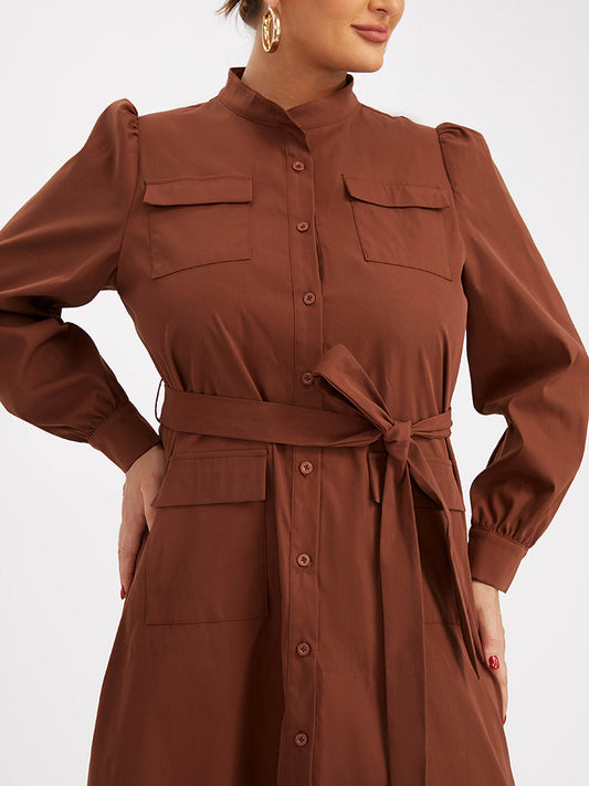 Belted Puff Sleeve Shirt Dress