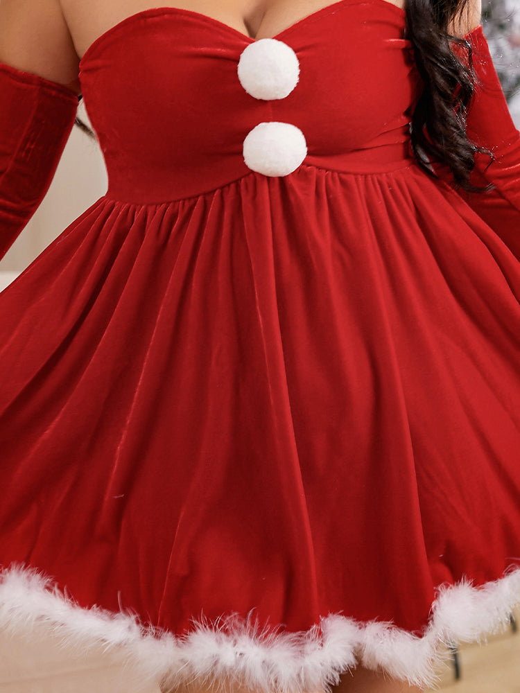 Pompom Velvet Dress With Gloves