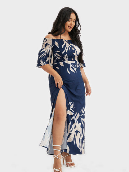 Floral Printing Split Off Shoulder Dress