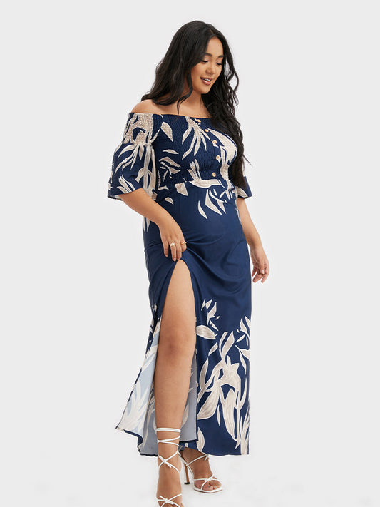 Floral Printing Split Off Shoulder Dress