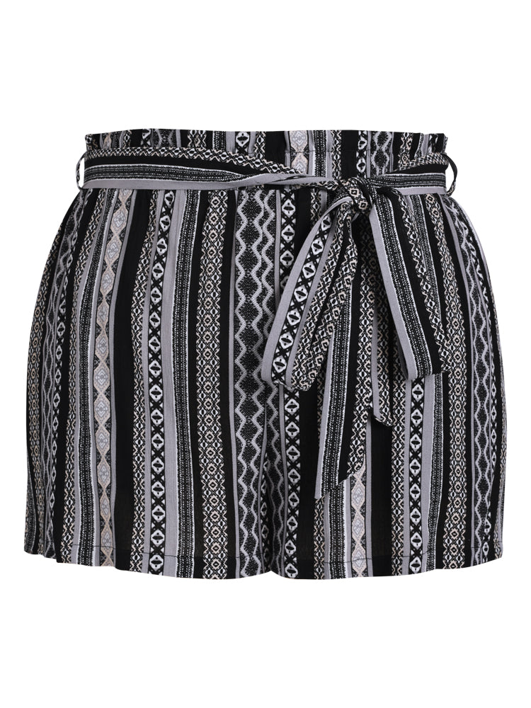 Geometric Print Paperbag Waist Belted Shorts