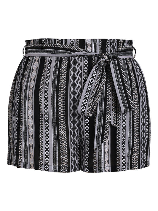 Geometric Print Paperbag Waist Belted Shorts