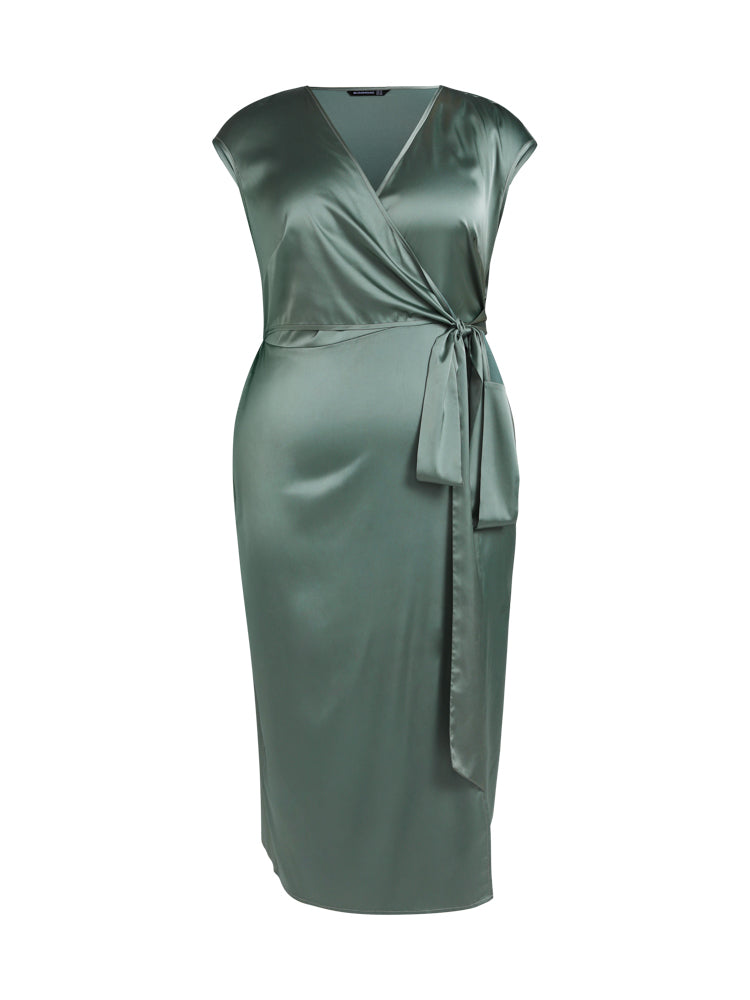 Bloom Dress - Drop Shoulder Satin Belted Slit Dress