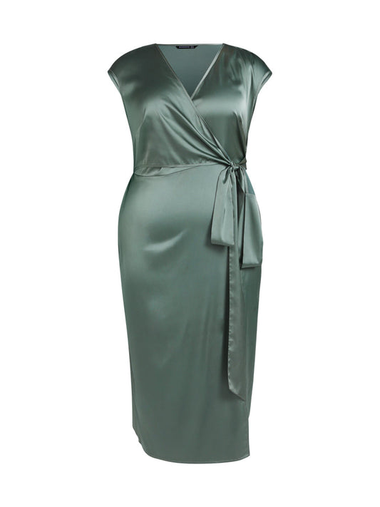 Bloom Dress - Drop Shoulder Satin Belted Slit Dress