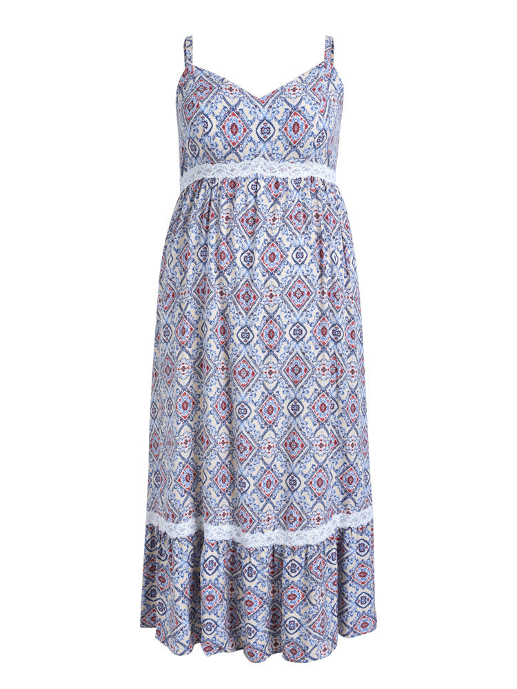 Tile Print Lace Inset Cami Maxi Dress