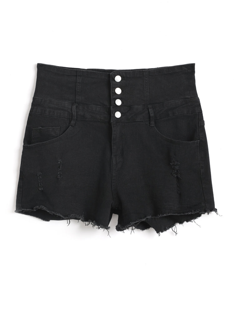 Wideband Wiast Button Raw Hem Denim Shorts