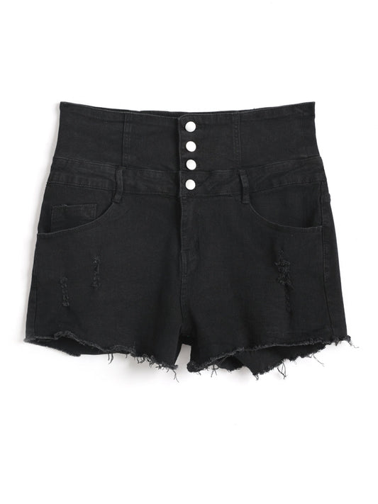 Wideband Wiast Button Raw Hem Denim Shorts