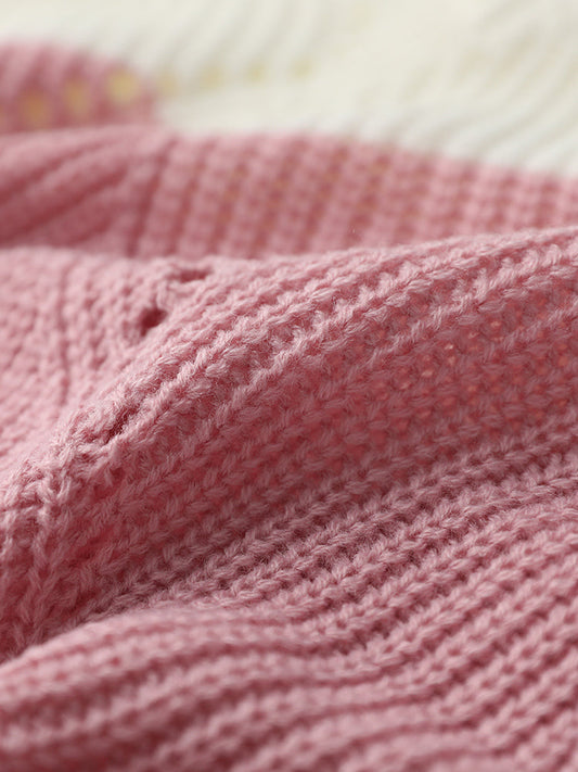 Colorblock Contrast Pointelle Knit V Neck Knit Top