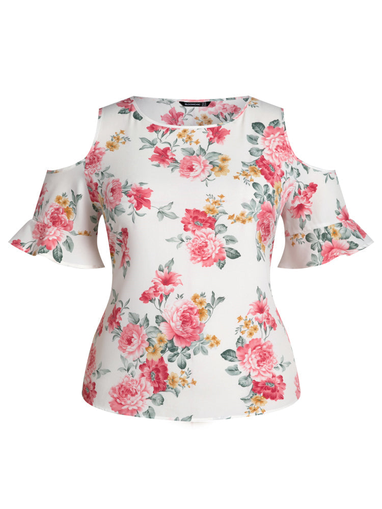 Cold Shoulder Ruffle Floral T-shirt