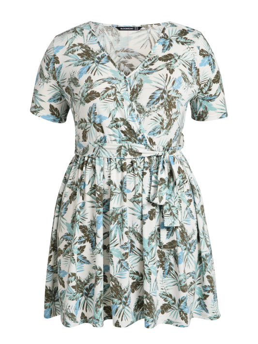 Abstract Iris Print  Wrap Pocket Belted Short Dress
