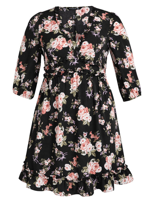 Floral Print Elastic Waist Ruffles Dress