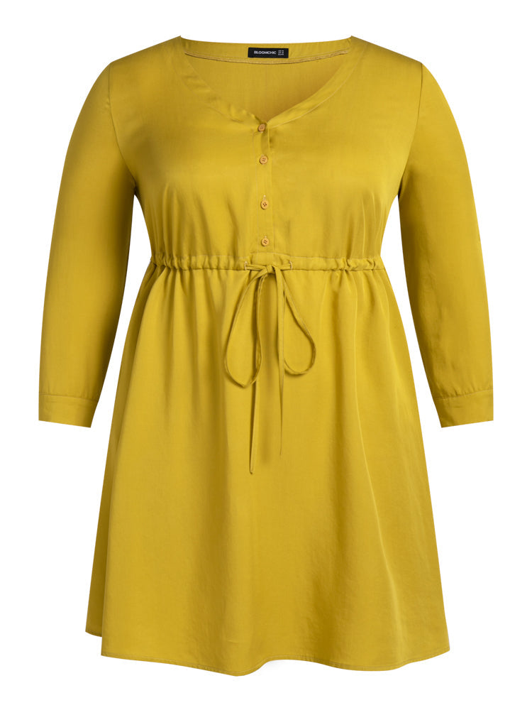 Solid Pocket Button Drawstring Short Dress