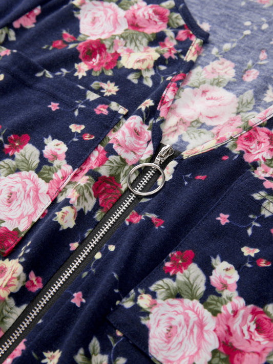 Bloom Dress - Floral Half Zipper Pocket Short Dress