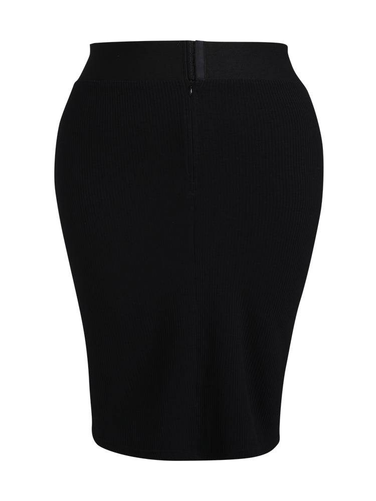 Black Wideband Elastic Waist Rib Skirt