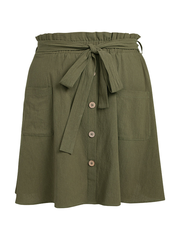 Paperbag Waist Button Front Belted Pocket Skirt
