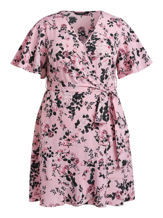 V Neck Floral Print Wrap Side Knot Knee Dress