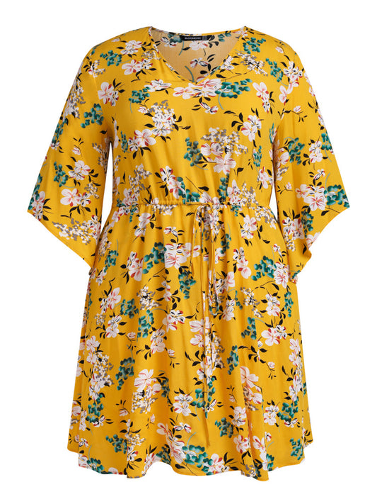 Floral V Neck Drawstring Pocket Short Dress