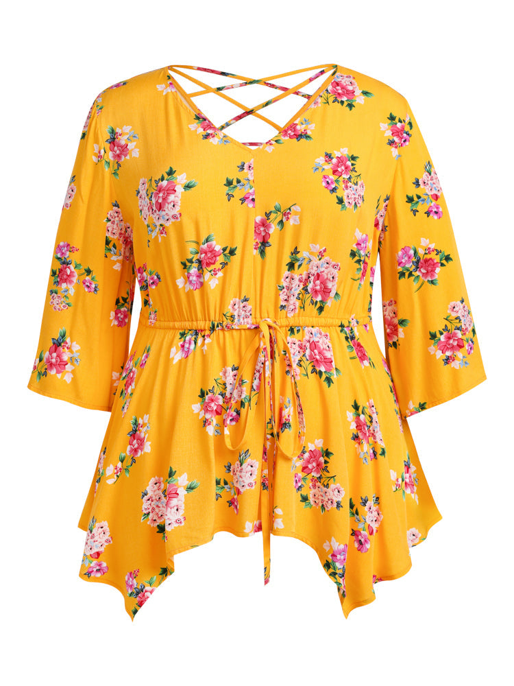 Hanky Hem Drawstring Floral Blouse