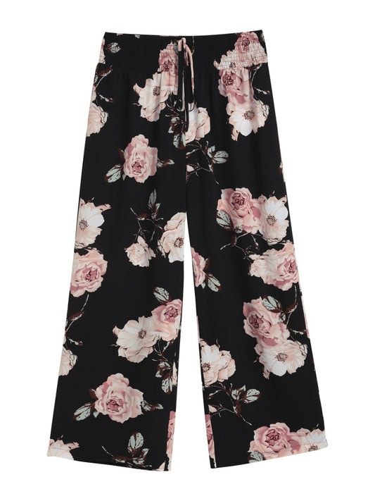 Floral Print Shirred Pocket Wide Leg Pants
