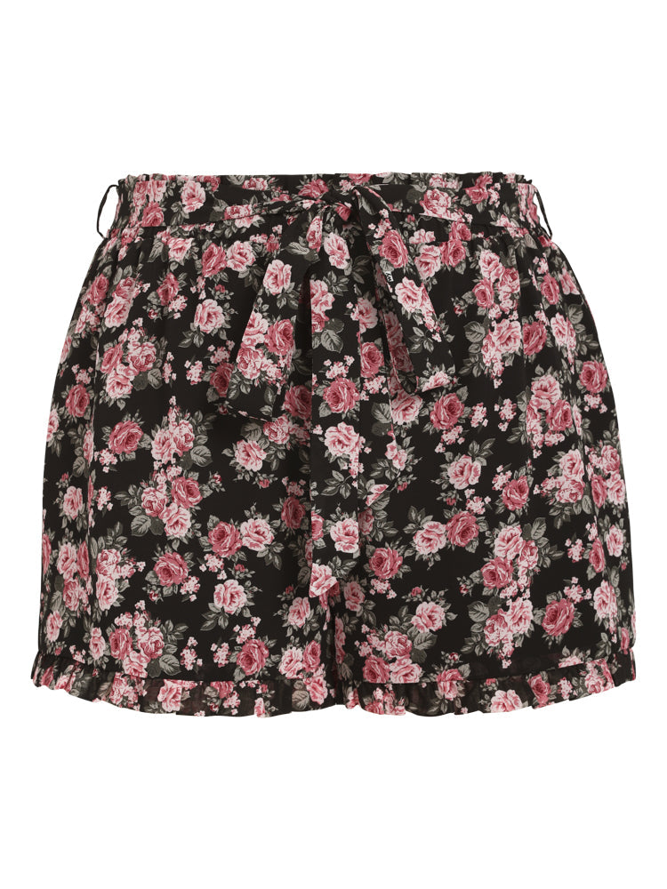 Floral Ruffle Trim Belted Shorts