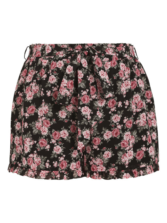 Floral Ruffle Trim Belted Shorts