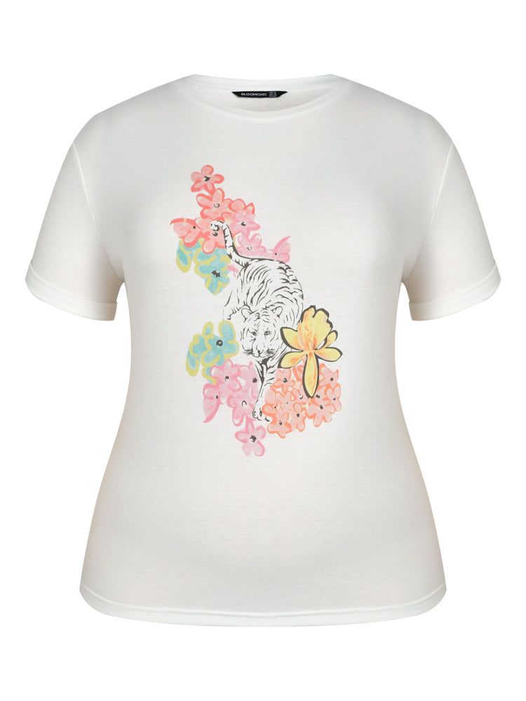 Floral & Tiger Print Cuffed Sleeve T-shirt