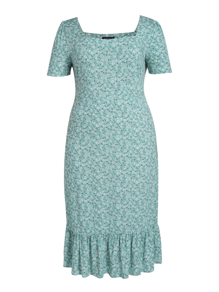 Squre Neck Ditsy Floral Ruffle Dress