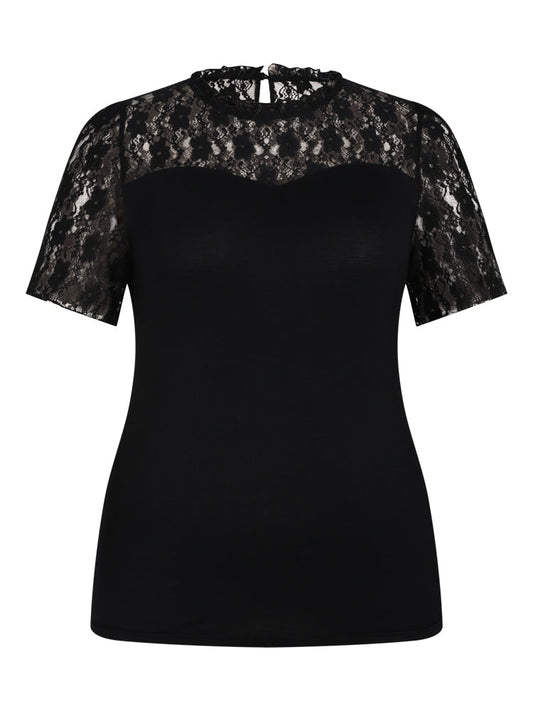 Black Contrast Lace Sleeve T-shirt