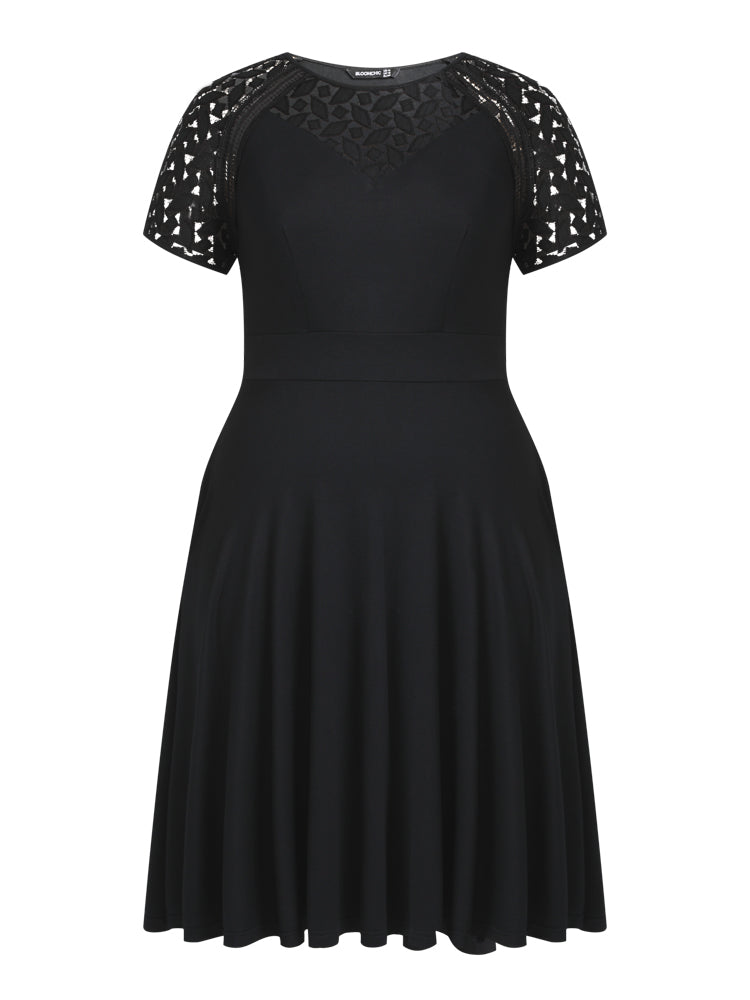 Black Crochet Sleeve Pocket Midi Dress