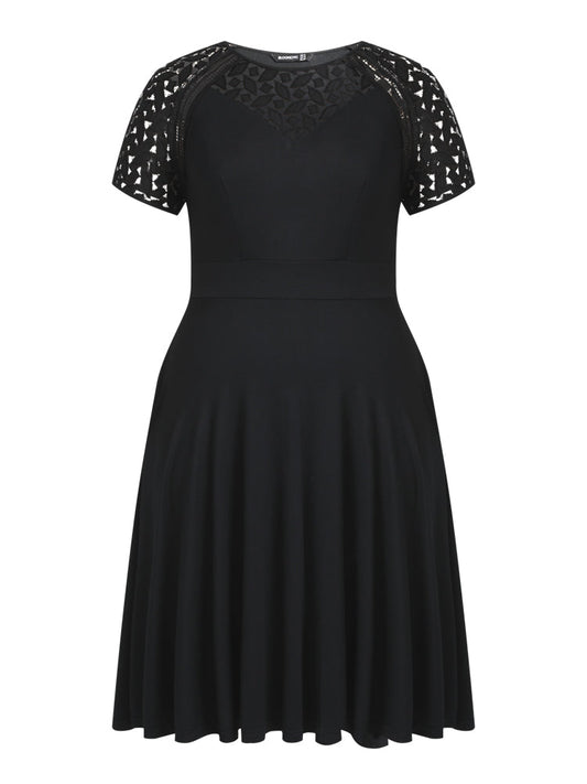 Black Crochet Sleeve Pocket Midi Dress