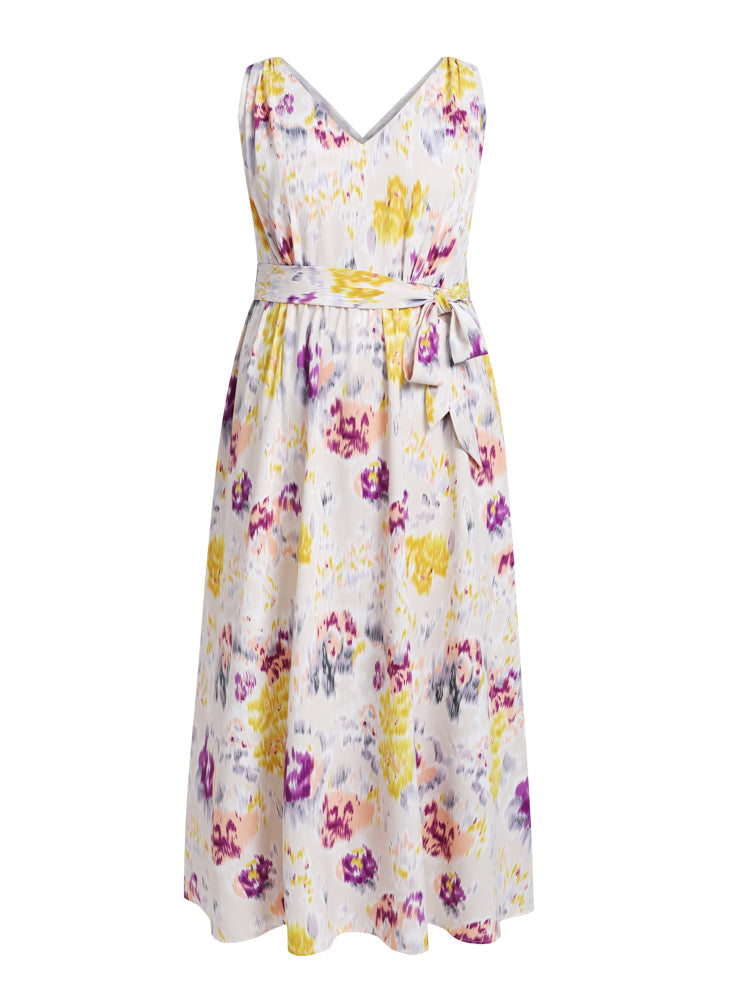 V Neck Abstract Print Belted Maxi Dress