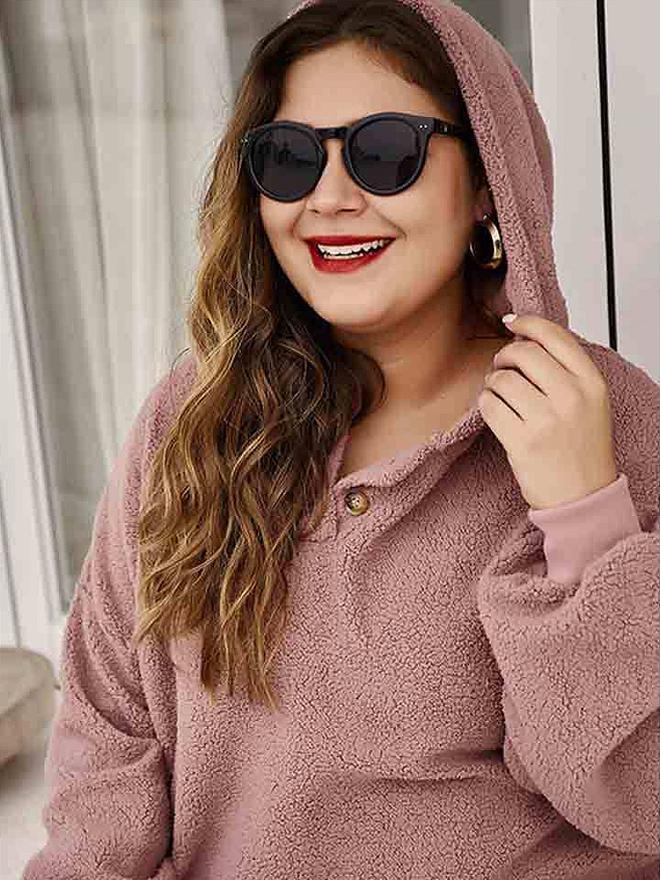 Button Neckline Plush Hoodie
