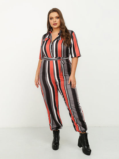 Color Striped Lapels Jumpsuit