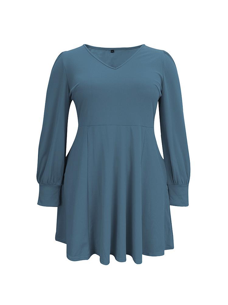 V-neck Lantern Sleeve Solid Color Dress