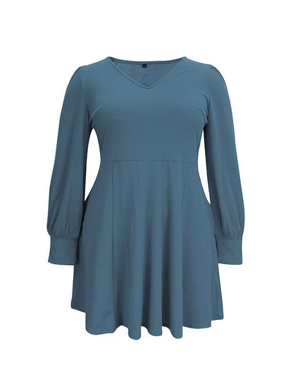 V-neck Lantern Sleeve Solid Color Dress