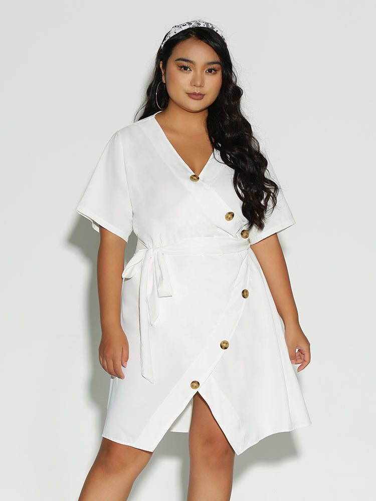 Button Bowknot Surplice Neck Dress