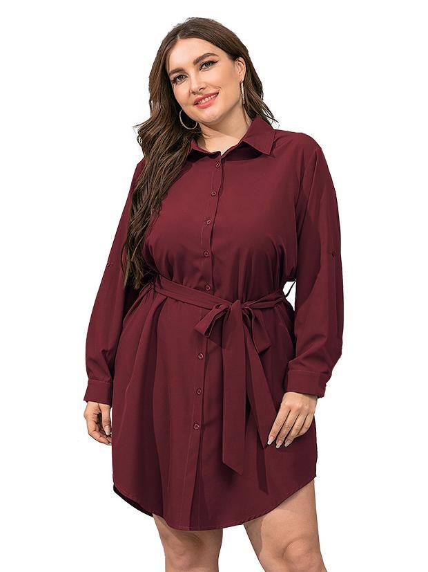 Single0breasted Belt Lapel Shirt Dress