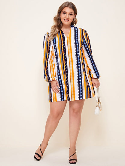 Notched Neck Colorful Stripe Tunic Dress