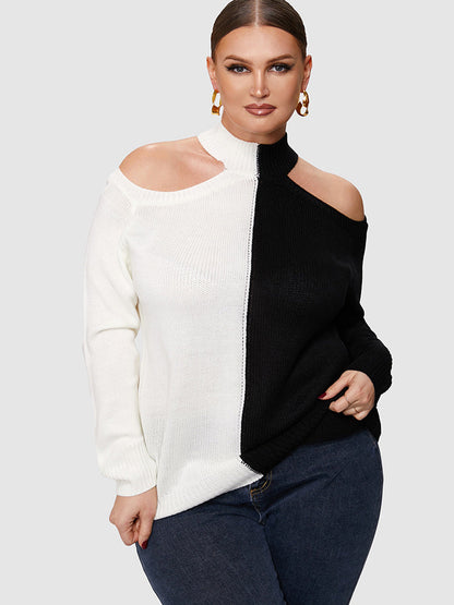 Colorblock Cut Out Shoulder Sweater