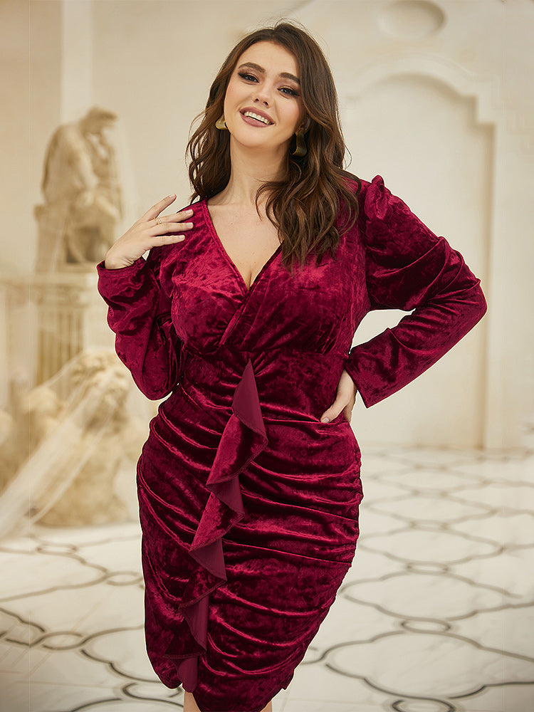 Plunging Neck Ruffles Ruched Bodycon Dress