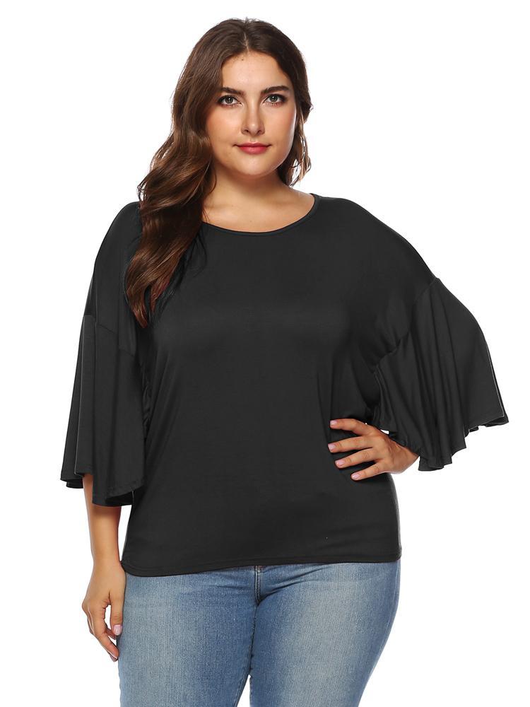 Ruffle Sleeve Solid Color T-shirt