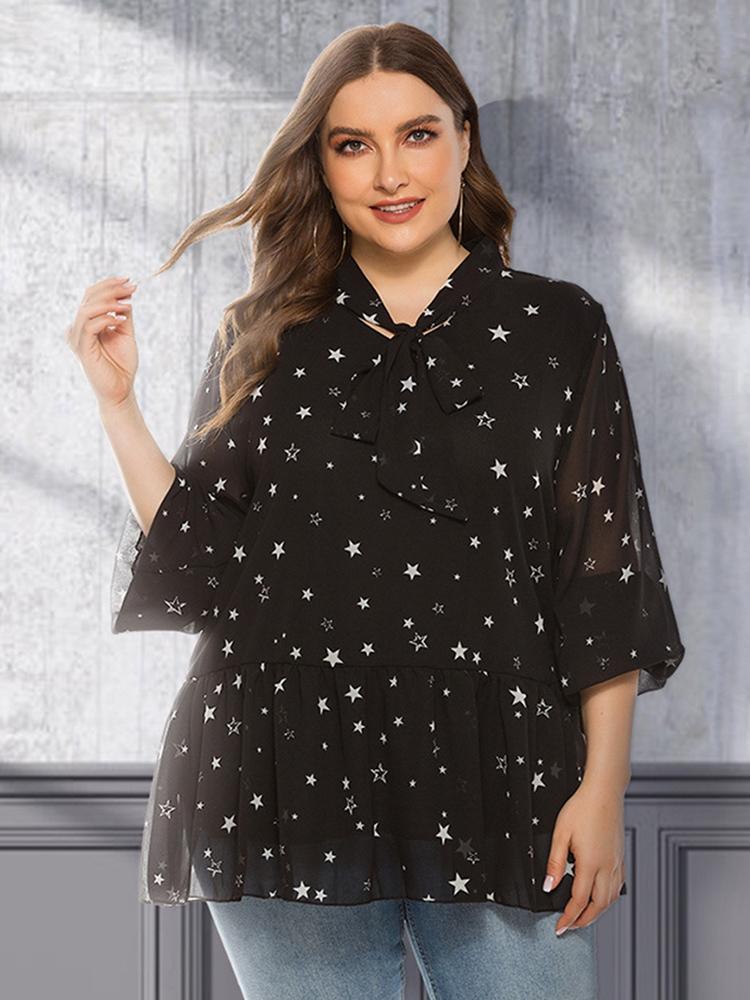 Star Printed Ruffle Tie Chiffon Blouse